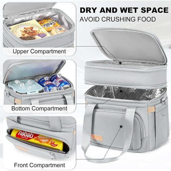 Double Deck Insulated Lunch Box for Men & Women, Leakproof Tote Cooler (Grey) - Picture 3 of 7